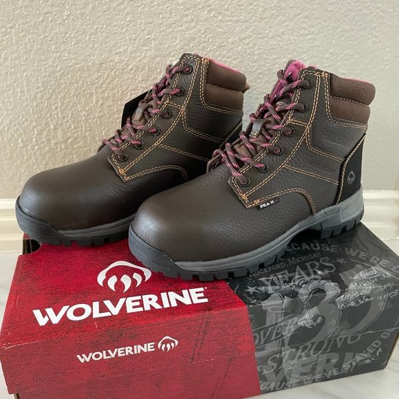 Wolverine Shoes - Women's Wolverine Piper Waterproof Leather Composite Toe 6" Work Boot Pink Brown